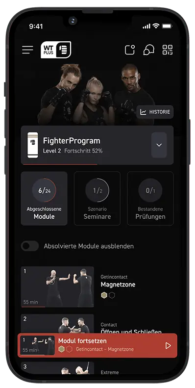 WTplus-App mit FighterProgram und Modulübersicht